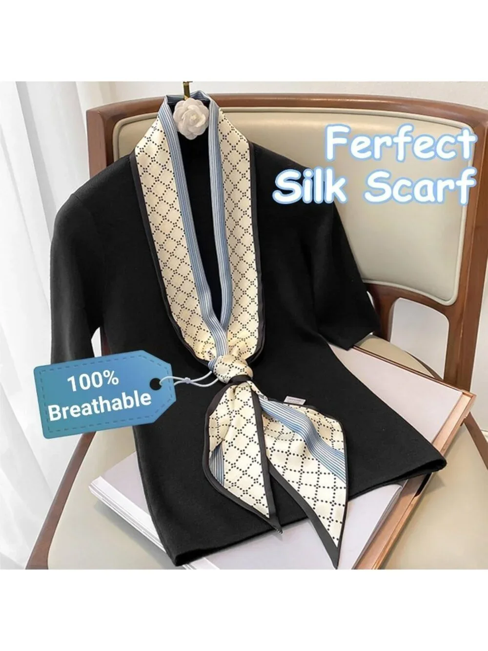 Women's Blue White Fashion Silky Satin Headscarf Wrap Lightweight Scarves Scarf